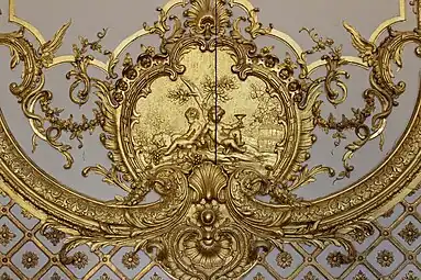 Rococo cartouche with putti in the Cabinet de la Pendule, Palace of Versailles, France, created and sculpted by Jacques Verberckt, c.1740