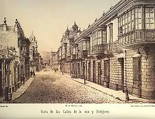 Colonial Calles de la Oca and de Bodegones (Lima) in 1866 by Manuel A. Fuentes and Firmin Didot, Brothers, Sons & Co. University of Chicago Library.
