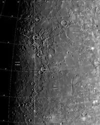 Mosaic of eastern Caloris basin photographed by Mariner 10 in 1974–75.