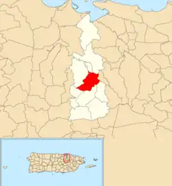 Location of Camarones within the municipality of Guaynabo shown in red