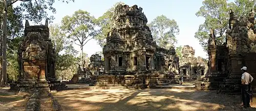 Chau Say Tevoda's mandapa and main tower enclosed by its wall and 4 gopuras, Cambodia