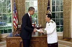 Ambassador Hem Heng presents credentials to President Barack Obama at the White House on May 20, 2009.