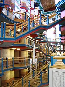 Polychromy and highly saturated colours - Main hall of the Judge Business School, University of Cambridge, England, by John Outram (1995)