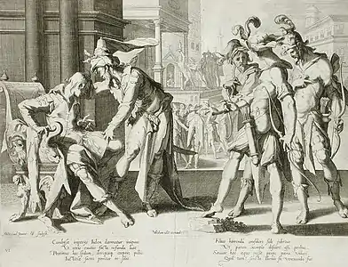 Cambyses commanding the flaying of judge Sisamnes, print engraved by Willem Isaacsz. van Swanenburg after design of Joachim Wtewael, 1607.  Otanes is sitting down in the judge's chair draped in the skin of his father.