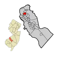 Location of Collingswood in Camden County highlighted in red (right). Inset map: Location of Camden County in New Jersey highlighted in orange (left).