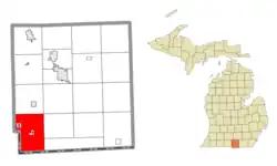 Location within Hillsdale County and the administered villages of Camden (1) and Montgomery (2)