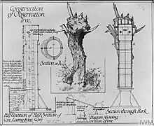 Ink drawing of a camouflage tree. Plan shows a 22 inch by 18 hollow tube surrounded by bark. Section shows 2 feet and six inches underground, supported by sandbags, 2 feet bottom section, a 4-and-a-half-feet intermediate section and a 2-foot top section with observation holes and bullet-proof shutters. The camouflage tree appears modelled on a dead tree with no foilage.