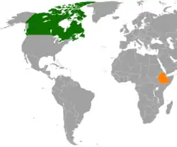 Map indicating locations of Canada and Ethiopia