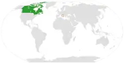 Map indicating locations of Canada and Vatican City