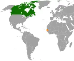 Map indicating locations of Canada and Senegal