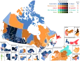 Results by riding. Shading refers to strength of popular vote.