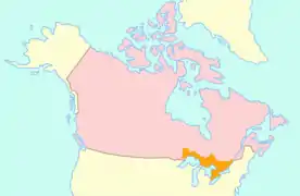 Map of Upper Canada (orange) with 21st-century Canada (pink) surrounding it