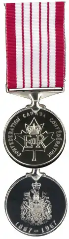 A red and white ribbon suspending two silver medallions including likeness of Queen Elizabeth II and the Coat of Arms of Canada