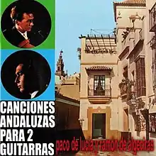 On the right half is a hacienda in tan stucco with orange accents and inset in the upper left are small photos of two men's faces.