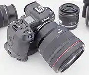 Canon EOS R5 with an RF 85mm f/1.2L USM lens, and extended battery pack base