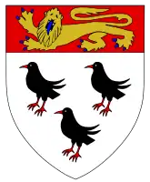 The coat of arms of the City of Canterbury combines the attributed arms of Thomas Becket (three Cornish choughs) with a lion from the royal arms of England