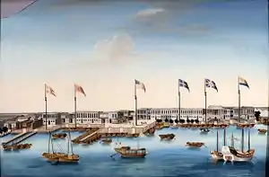 The Thirteen Factories c. 1805, displaying the flags of Denmark, Spain, the United States, Sweden, Britain, and the Netherlands