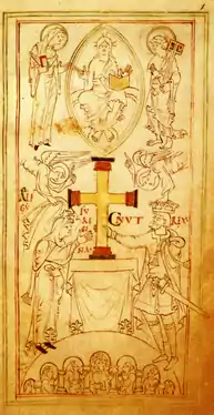 Page from Stowe MS 944, fol. 6, depicting King Cnut and Emma of Normandy