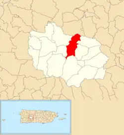 Location of Capáez within the municipality of Adjuntas shown in red