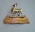 Cap badge, 14th (Service)(1st Birmingham) Bn Royal Warwickshire Regiment, 1914 - 1919. Note - this is not an original.