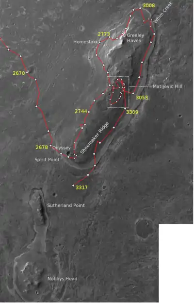 Opportunity's traverse on Cape York from Sol 2678 to Sol 3317 with some additional annotations of the main features.