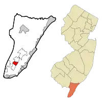 Map of Rio Grande highlighted within Cape May County. Right: Location of Cape May County in New Jersey.