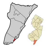 Location of Wildwood Crest in Cape May County highlighted in red (left). Inset map: Location of Cape May County in New Jersey highlighted in orange (right).