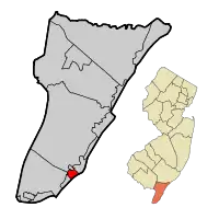 Location of Wildwood in Cape May County highlighted in red (left). Inset map: Location of Cape May County in New Jersey highlighted in orange (right).