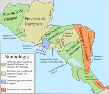 A map of the political organization of Central America before its annexation to the First Mexican Empire in 1822.