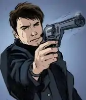 A drawing of a dark-haired man in military clothes pointing a revolver which is in the foreground.