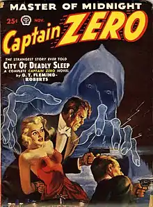 Two men fire handguns while one holds a handcuffed blonde woman and a ghostly figure leans over them