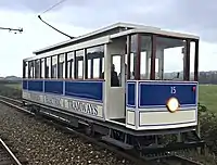 Blue Electric Tram Car Seaton Tramway 15 at Riverside Loop