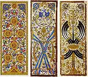 These are Card designs from the Mamluk Sultanate of Egypt. c. 1500. According to a passage in Ibn Taghri Birdi's HISTORY OF EGYPT, 1382-1469 A.D., the future sultan al-Malik al-Mu'ayyad won a large sum of money in a game of cards. In the Islamic empire playing cards the suits were coins, cups, swords, and polo sticks.