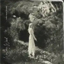A blurry black-and-white photo of Jepsen in a white dress stood in the middle of the woods.