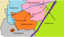 Location of the parish within the townlands (coloured) showing principle roads and amenities