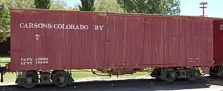 Carson & Colorado boxcar #7, currently located at the Laws Railroad Museum in Laws, California.