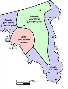 The division of Attica into urban (pink), inland (green), and coastal (blue) zones by Cleisthenes