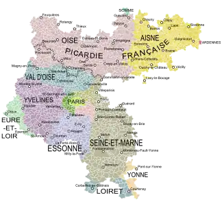 The modern départements covered by the historical Île-de-France