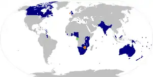 Member states of the Commonwealth (blue : full members ; green : suspended members ; orange : ex-members)