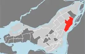 Map of the island of Montreal, with Mercier–Hochelaga-Maisonneuve in red.