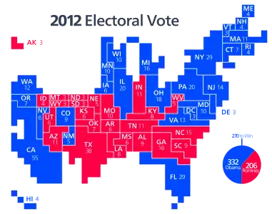 Cartogram of the electoral vote results, with each square representing one electoral vote.