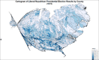 Cartogram of Liberal Republican/Democratic presidential election results by county