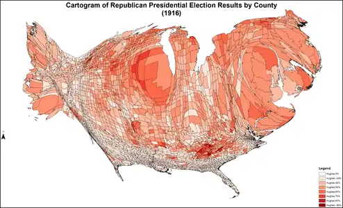 Cartogram shaded according to percentage of the vote for Hughes