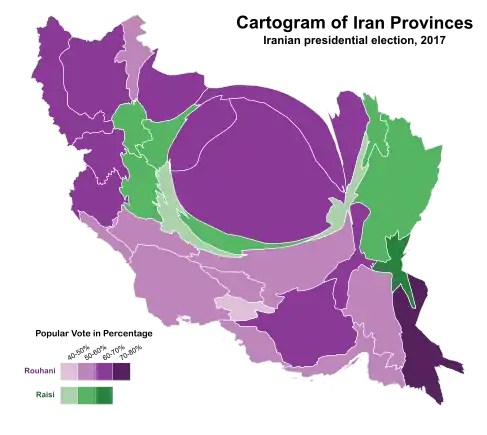 Iranian presidential election, 2017 by province. The area of each province is proportional to the number of its total votes.