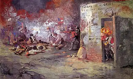 This 1867 image of Andy Johnson (in a privy?) at the New Orleans massacre was part of Nast's 1867 Grand Caricaturama cycle of 33 historical paintings