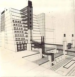 Futurism - Staircase house with elevators from four street levels, part of La Città Nuova, by Antonio Sant'Elia, 1914, ink and pencil on paper, Musei Civici, Como, Italy