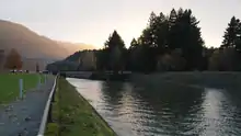 Former locks on the Columbia River, with the modern Bridge of the Gods in the background