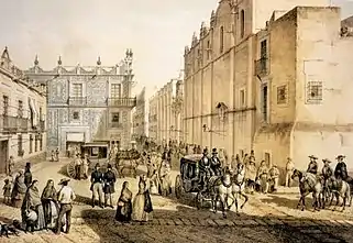 Plazuela de Guardiola in 1855 by Casimiro Castro. Museo Nacional de Arte. Casa de los Azulejos is at center.