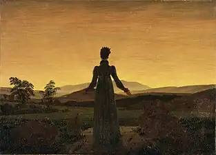 painting of women staring at a sunset by Caspar David Friedrich