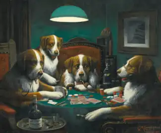 Poker Game, oil on canvas, Cassius Marcellus Coolidge, 1894, the first of the 11 Dogs Playing Poker paintings